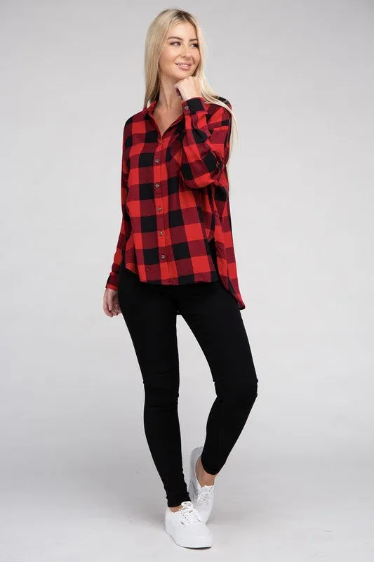 Checkered Charm Collared Button-Up Plaid Top