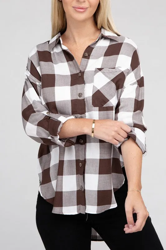 Checkered Charm Collared Button-Up Plaid Top