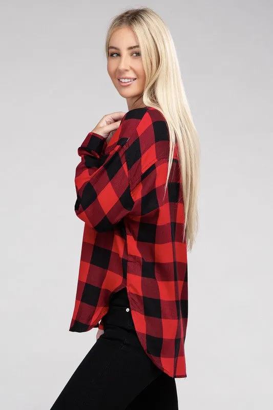 Checkered Charm Collared Button-Up Plaid Top