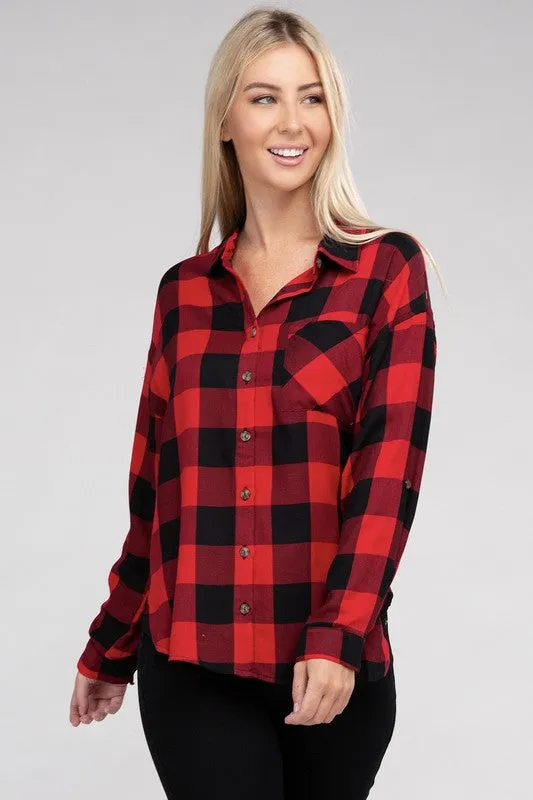 Checkered Charm Collared Button-Up Plaid Top