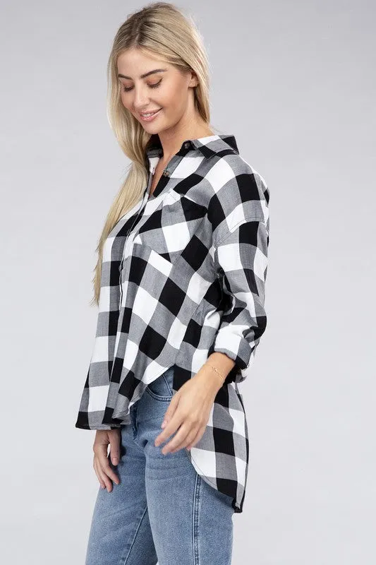 Checkered Charm Collared Button-Up Plaid Top