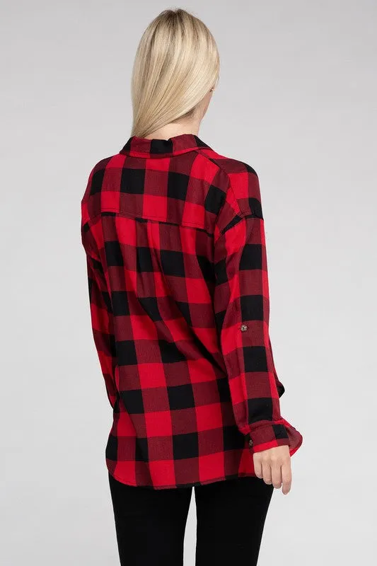 Checkered Charm Collared Button-Up Plaid Top