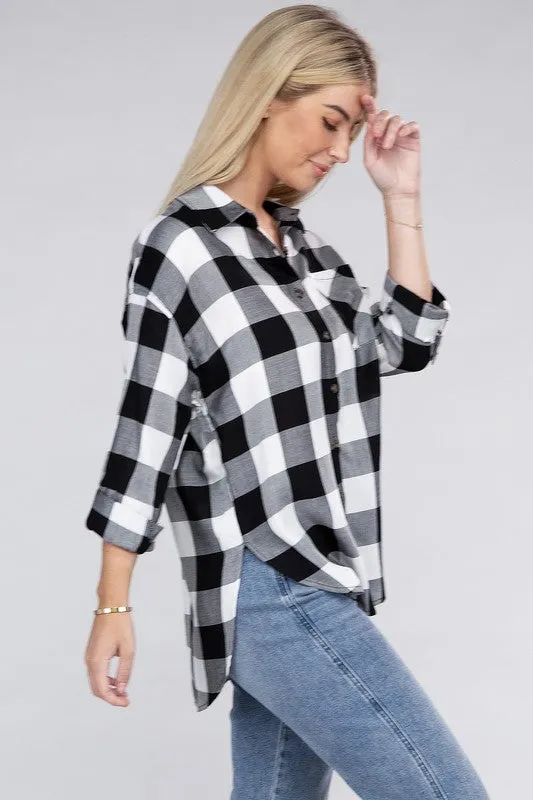 Checkered Charm Collared Button-Up Plaid Top