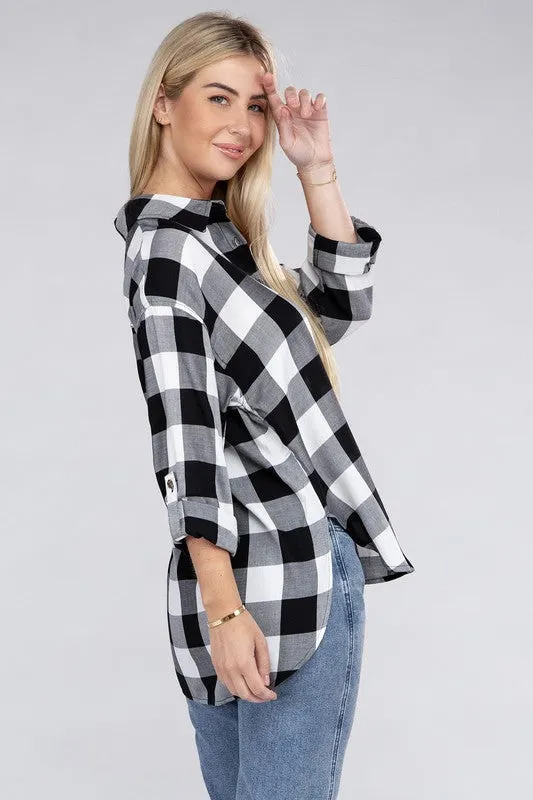 Checkered Charm Collared Button-Up Plaid Top