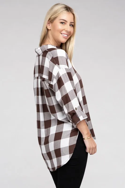 Checkered Charm Collared Button-Up Plaid Top