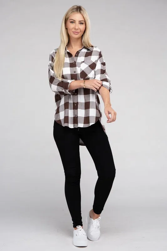 Checkered Charm Collared Button-Up Plaid Top