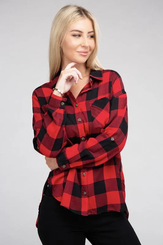 Checkered Charm Collared Button-Up Plaid Top