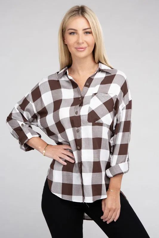 Checkered Charm Collared Button-Up Plaid Top