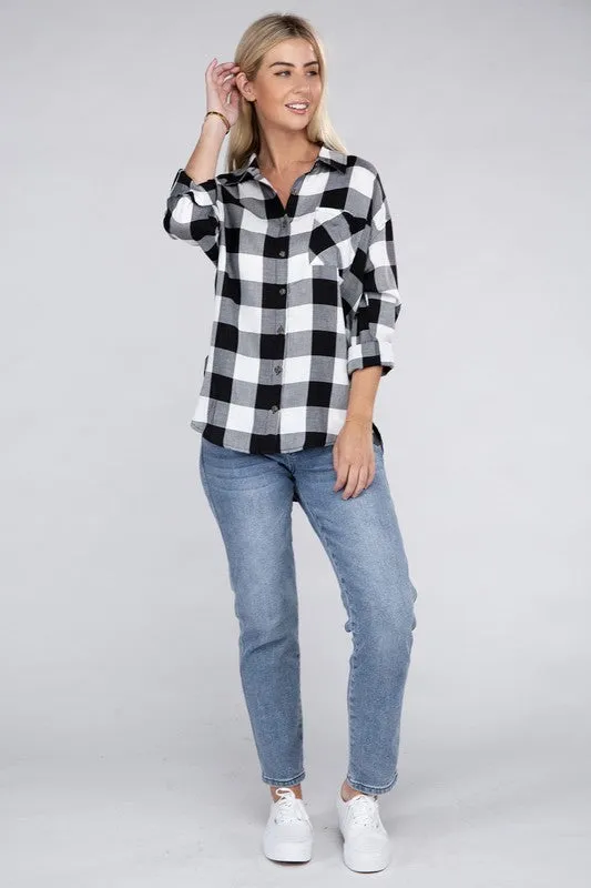 Checkered Charm Collared Button-Up Plaid Top