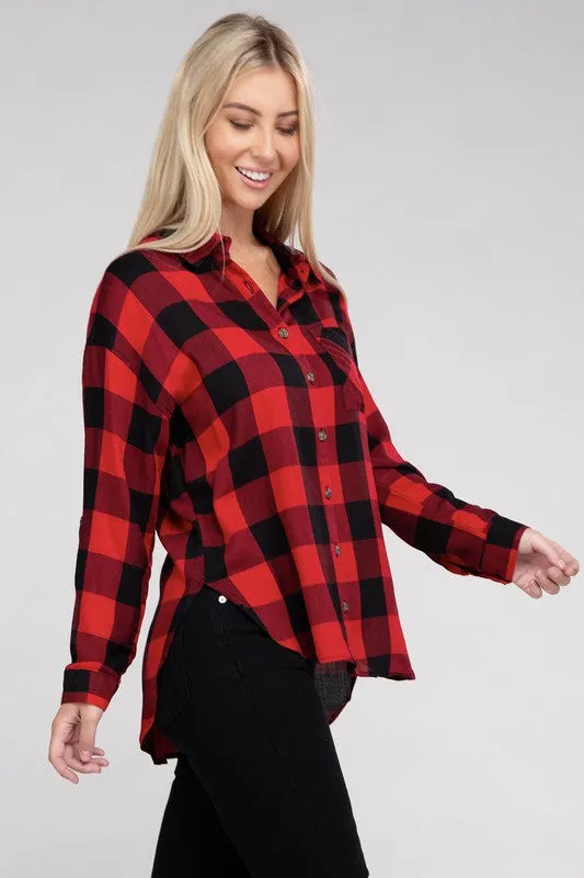 Checkered Charm Collared Button-Up Plaid Top