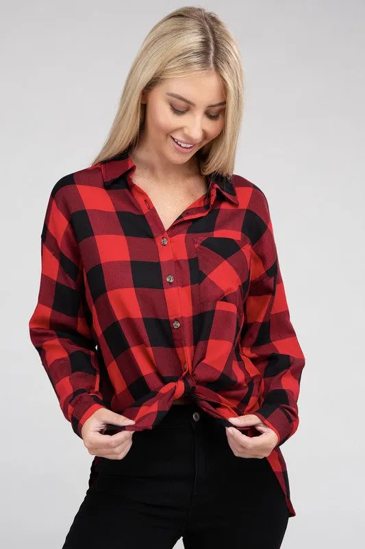 Checkered Charm Collared Button-Up Plaid Top