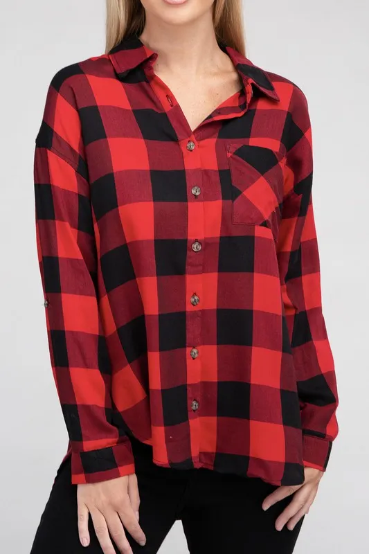 Checkered Charm Collared Button-Up Plaid Top