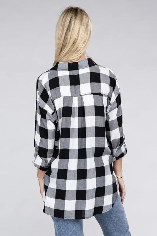 Checkered Charm Collared Button-Up Plaid Top