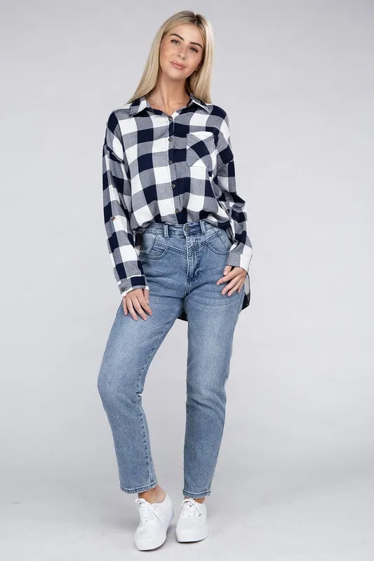 Checkered Charm Collared Button-Up Plaid Top