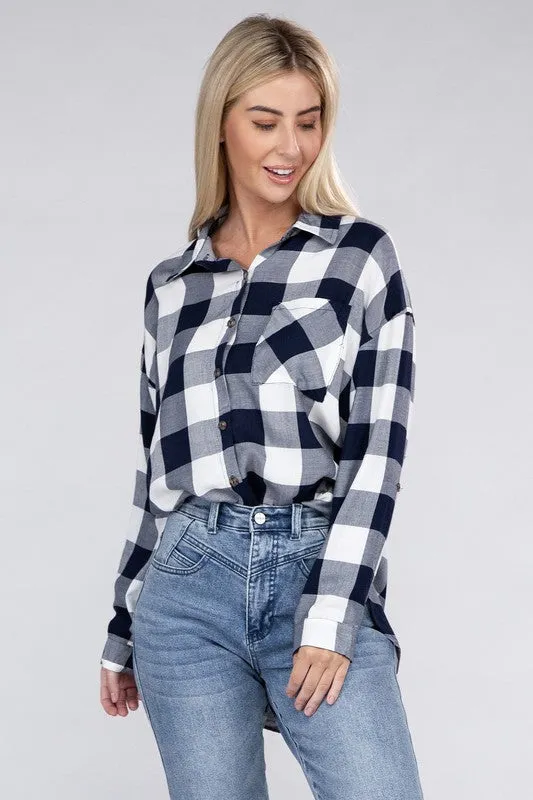 Checkered Charm Collared Button-Up Plaid Top