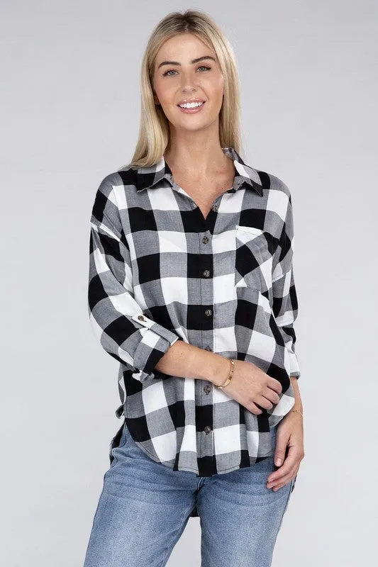 Checkered Charm Collared Button-Up Plaid Top