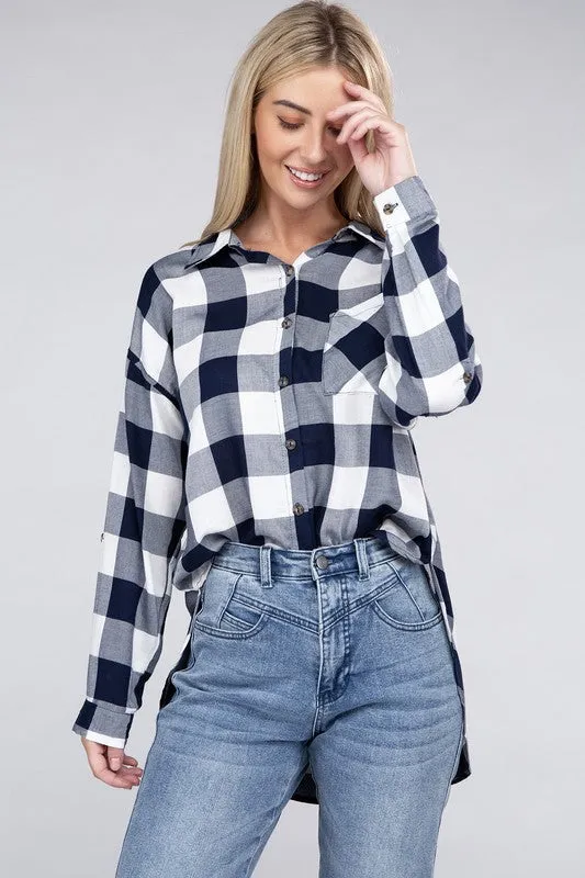 Checkered Charm Collared Button-Up Plaid Top