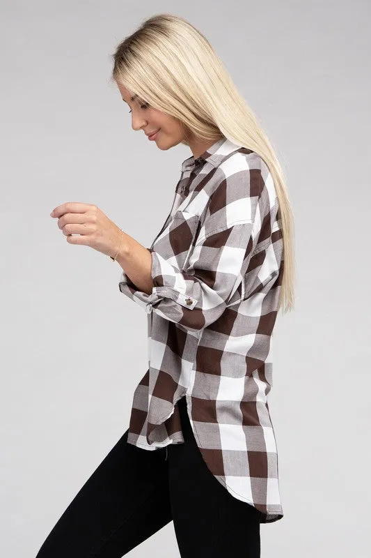 Checkered Charm Collared Button-Up Plaid Top