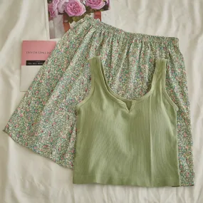 Comfy Padded Tank Shorts Set / Green Floral