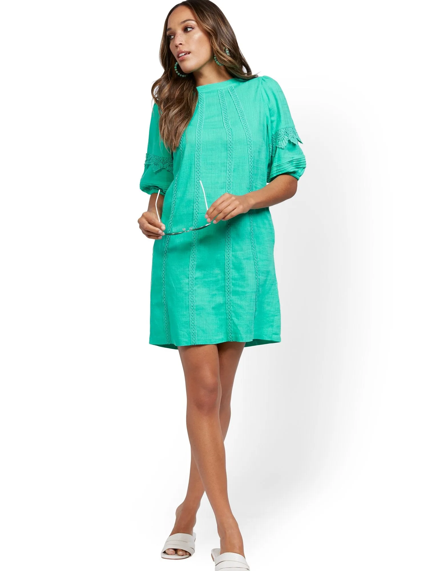 Crochet-Trim Puff-Sleeve Linen Blend Dress