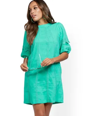 Crochet-Trim Puff-Sleeve Linen Blend Dress