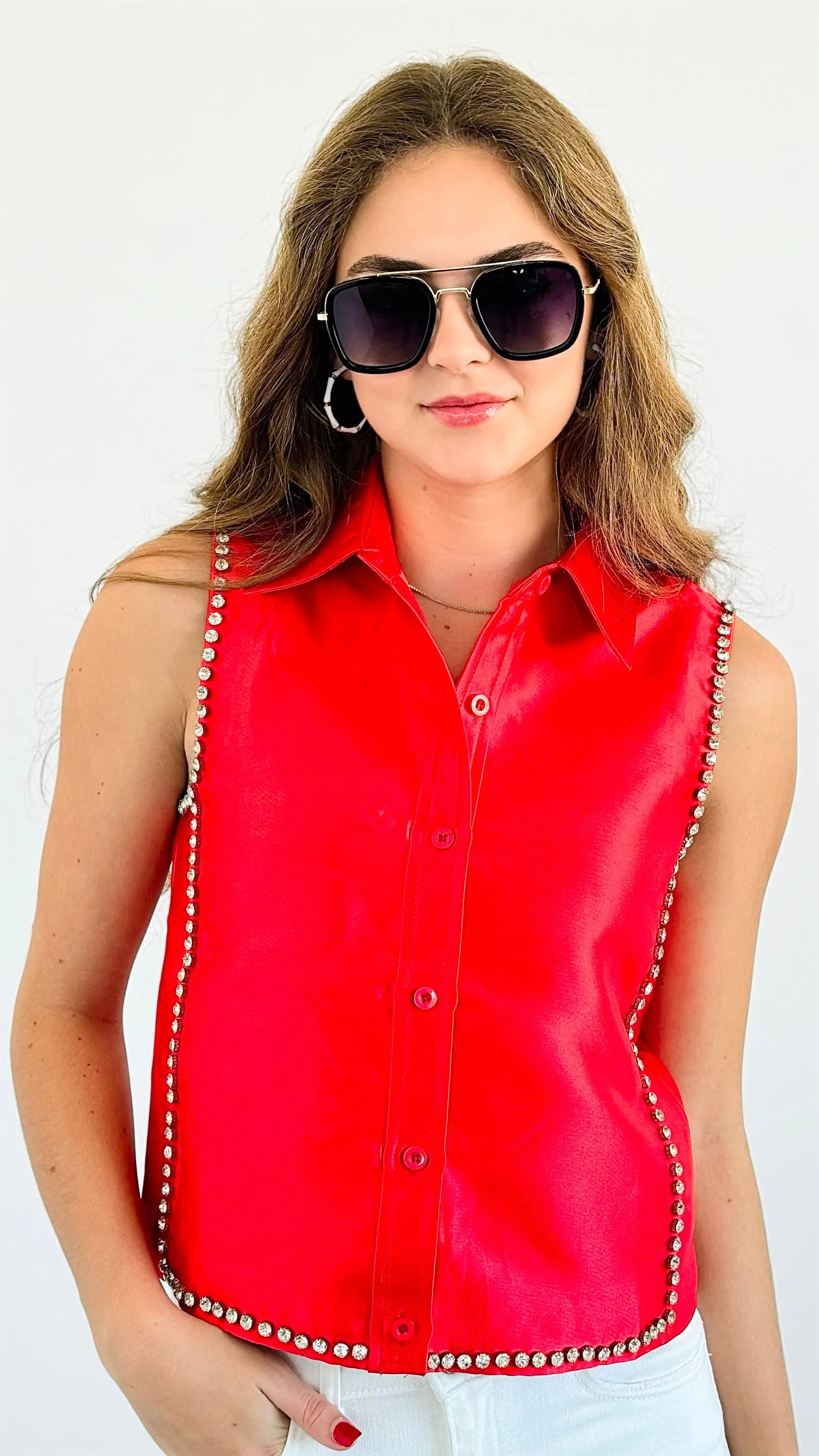 Crystal Edge Satin Button-Up - Red