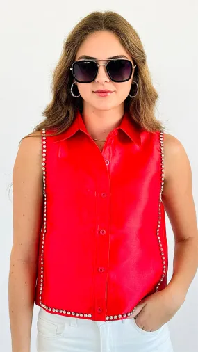 Crystal Edge Satin Button-Up - Red