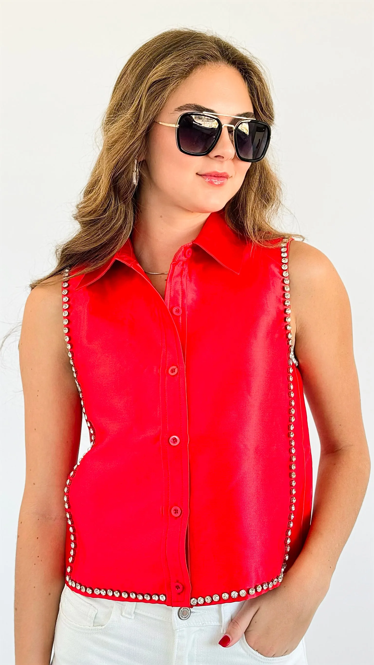 Crystal Edge Satin Button-Up - Red