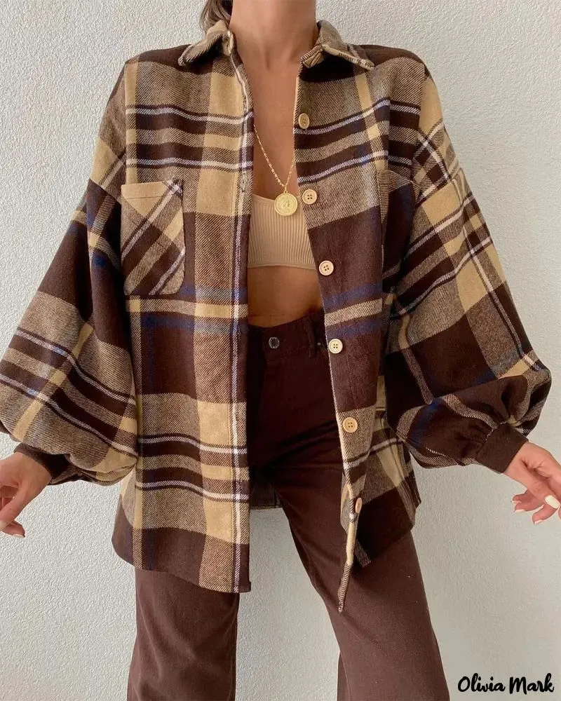 Deanwangkt - Plaid Print Lantern Sleeve Button-Up Jacket