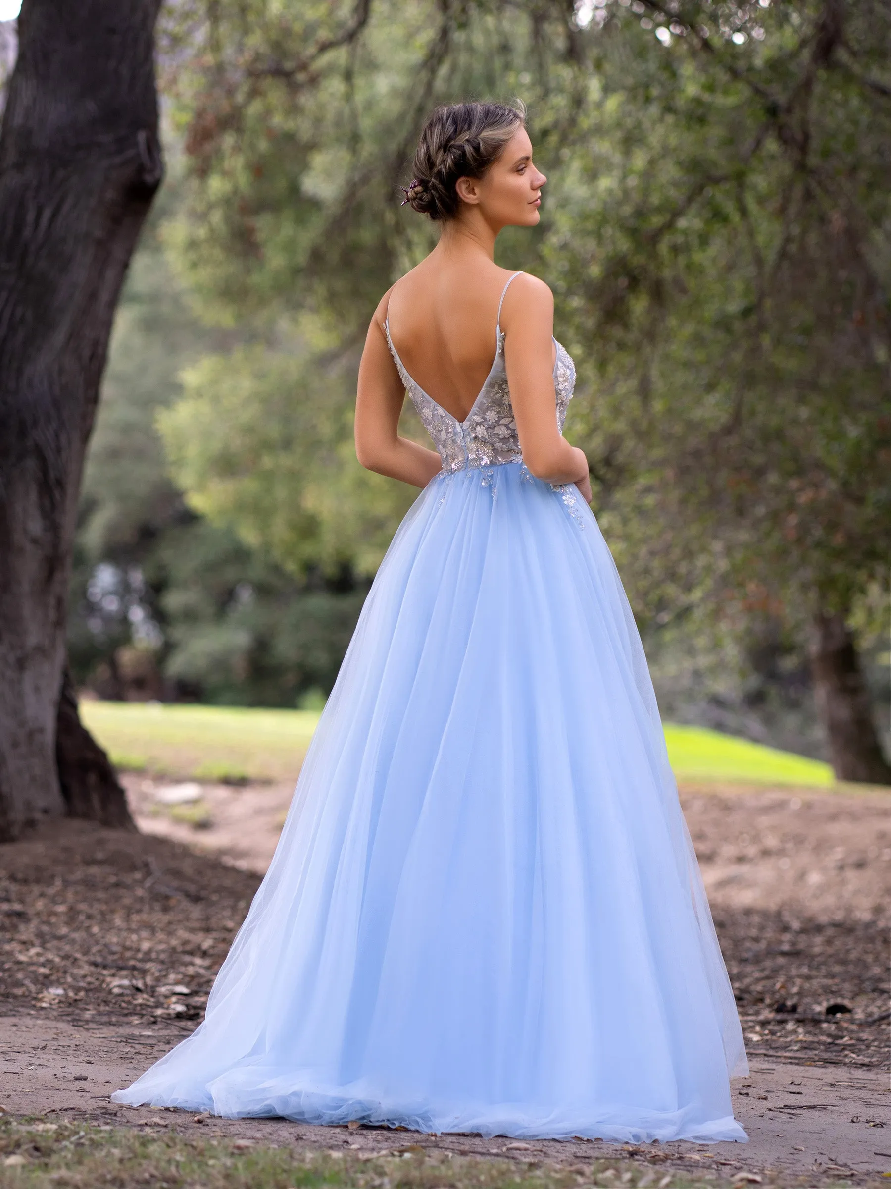 Deep V-Neck Applique Lace Floor Length Tulle Prom Dress