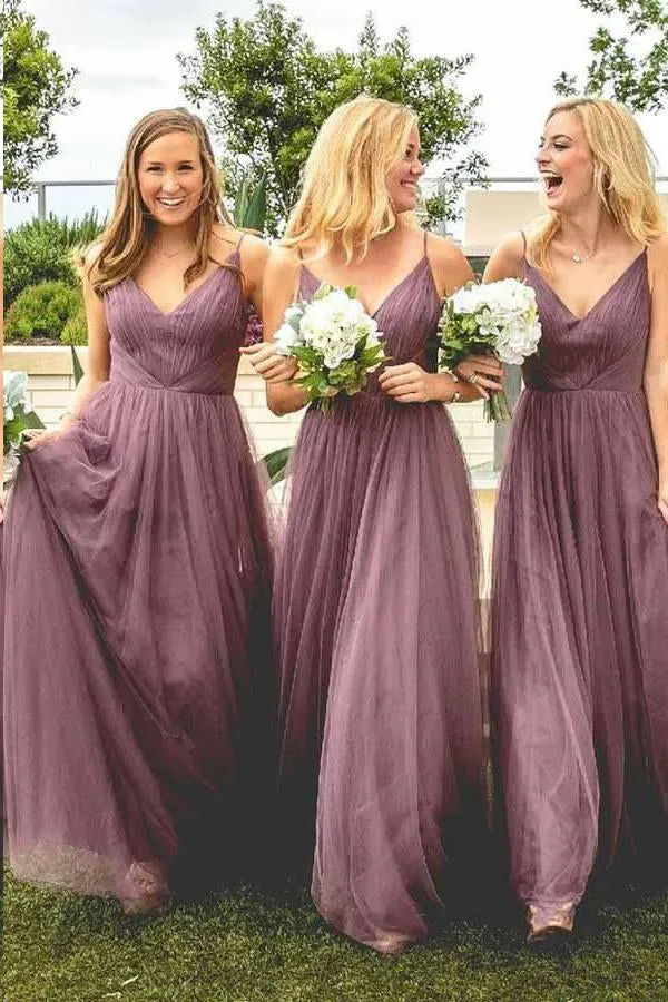 Dusty Purple Tulle A-line Open Back Spaghetti Straps Bridesmaid Dresses, BD100