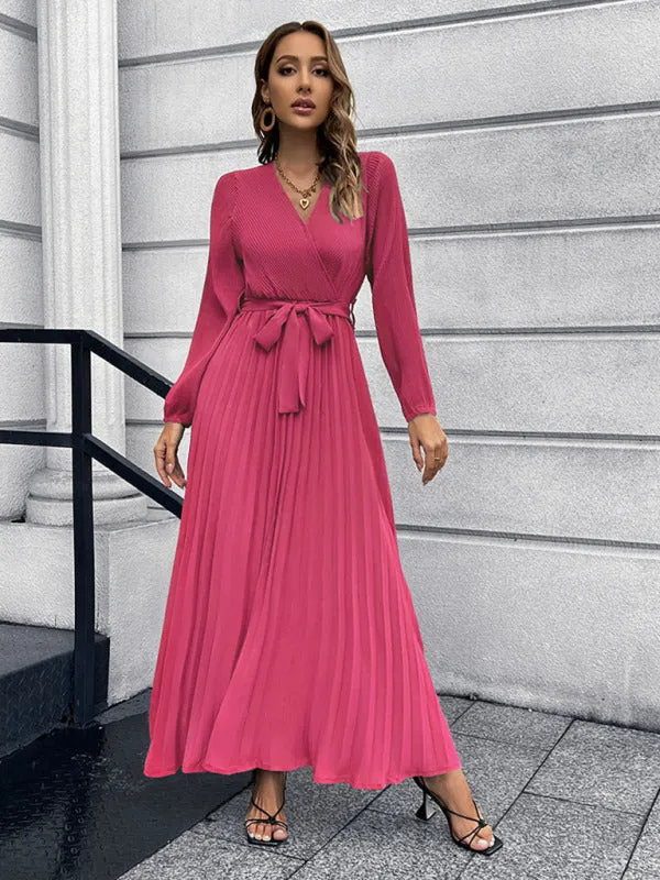 Elegant Autumn Long Sleeve Surplice Neck Plisse Belt-Tie Maxi Dress