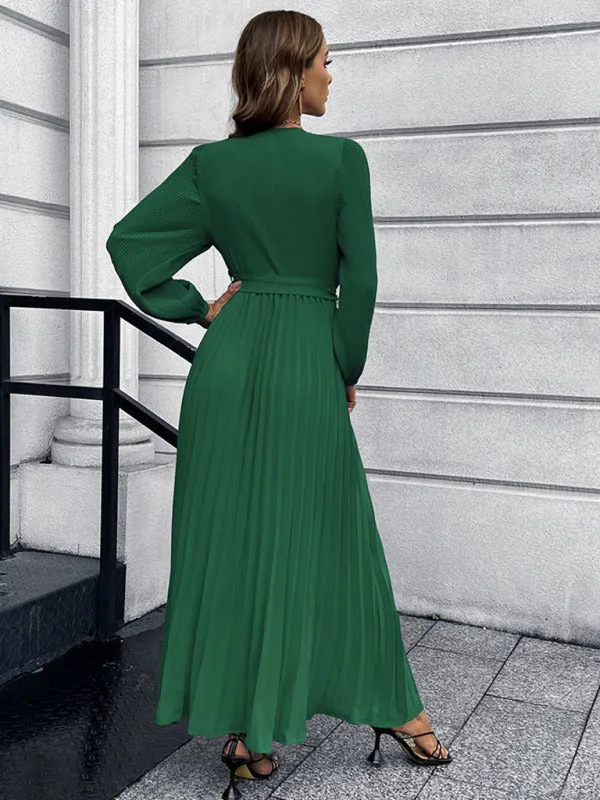 Elegant Autumn Long Sleeve Surplice Neck Plisse Belt-Tie Maxi Dress