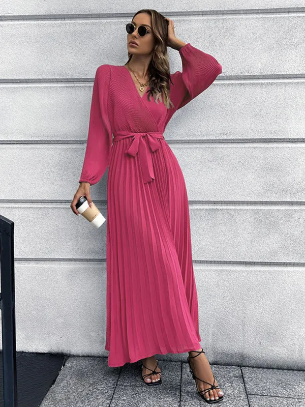 Elegant Autumn Long Sleeve Surplice Neck Plisse Belt-Tie Maxi Dress