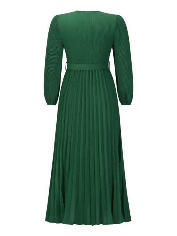 Elegant Autumn Long Sleeve Surplice Neck Plisse Belt-Tie Maxi Dress