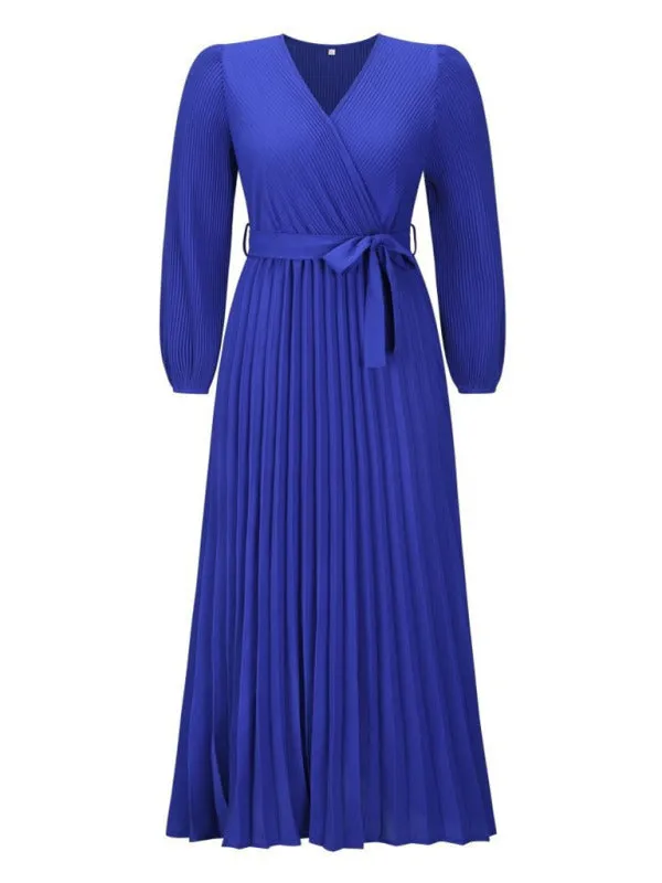 Elegant Autumn Long Sleeve Surplice Neck Plisse Belt-Tie Maxi Dress