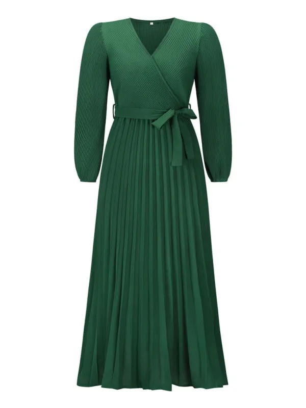 Elegant Autumn Long Sleeve Surplice Neck Plisse Belt-Tie Maxi Dress