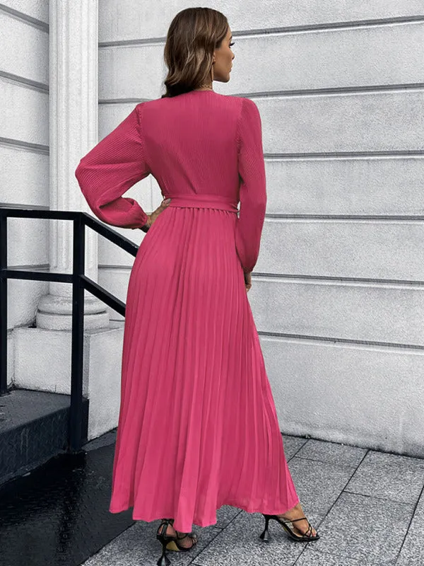 Elegant Autumn Long Sleeve Surplice Neck Plisse Belt-Tie Maxi Dress