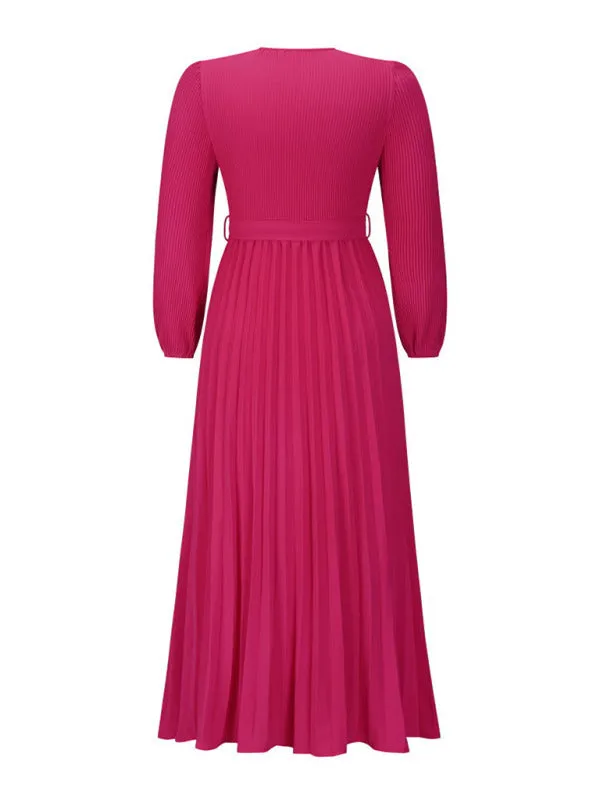 Elegant Autumn Long Sleeve Surplice Neck Plisse Belt-Tie Maxi Dress