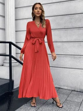 Elegant Autumn Long Sleeve Surplice Neck Plisse Belt-Tie Maxi Dress