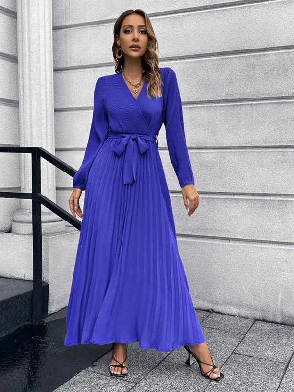 Elegant Autumn Long Sleeve Surplice Neck Plisse Belt-Tie Maxi Dress