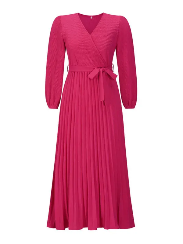 Elegant Autumn Long Sleeve Surplice Neck Plisse Belt-Tie Maxi Dress