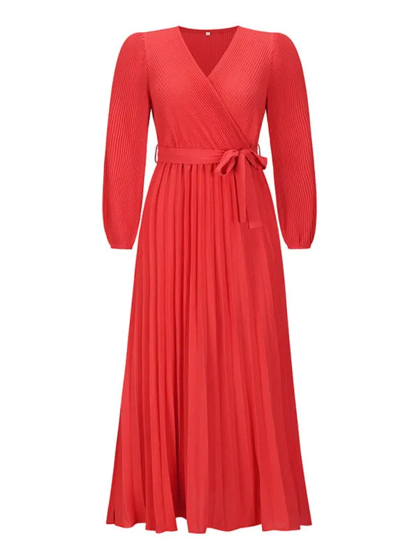 Elegant Autumn Long Sleeve Surplice Neck Plisse Belt-Tie Maxi Dress