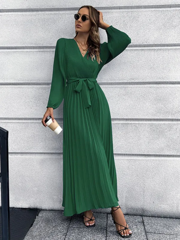 Elegant Autumn Long Sleeve Surplice Neck Plisse Belt-Tie Maxi Dress