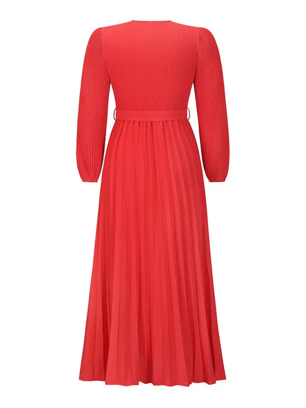 Elegant Autumn Long Sleeve Surplice Neck Plisse Belt-Tie Maxi Dress