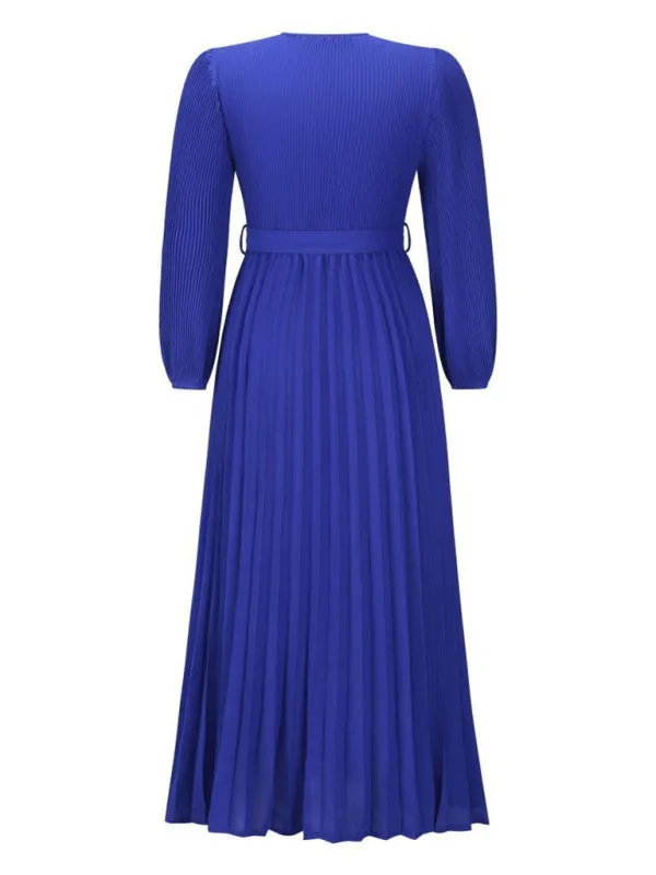 Elegant Autumn Long Sleeve Surplice Neck Plisse Belt-Tie Maxi Dress