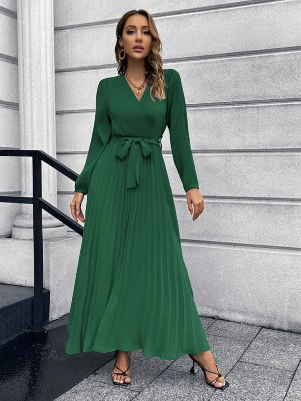 Elegant Autumn Long Sleeve Surplice Neck Plisse Belt-Tie Maxi Dress