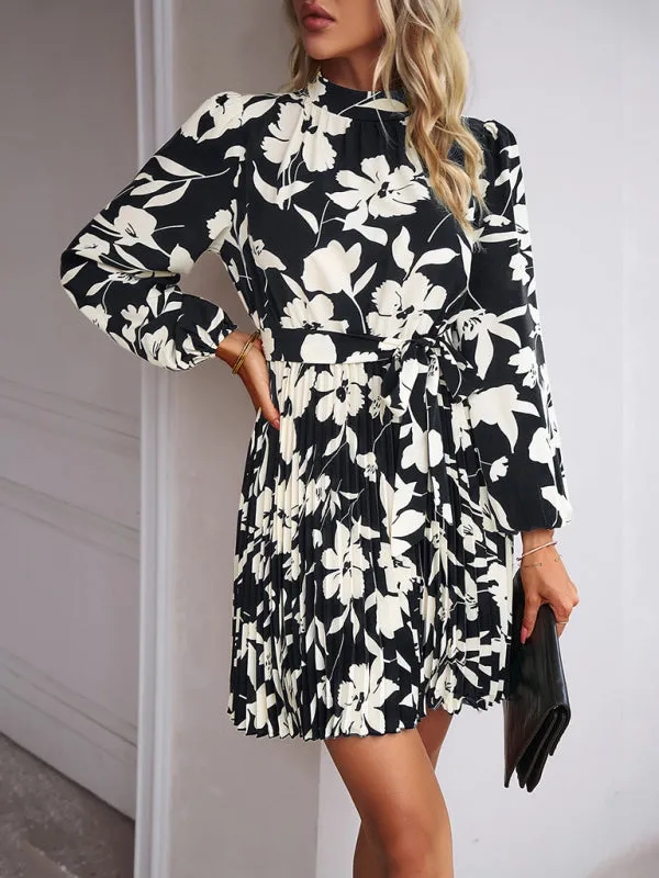 Elegant Floral Pleated Long Sleeve High Neck Mini Dress