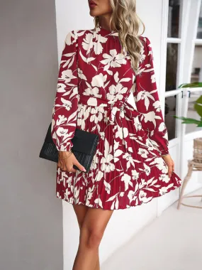 Elegant Floral Pleated Long Sleeve High Neck Mini Dress