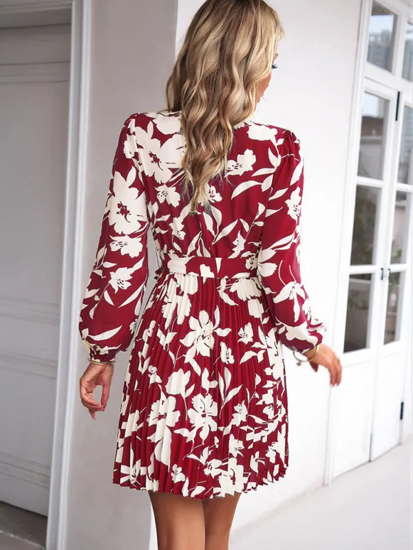 Elegant Floral Pleated Long Sleeve High Neck Mini Dress